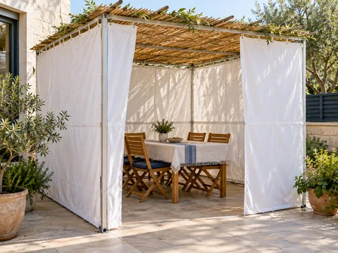 סוכה עם שלד מתכת, דפנות בד לבנות וסכך קנים, ובפתחה שולחן וכיסאות — תמונת המחשה